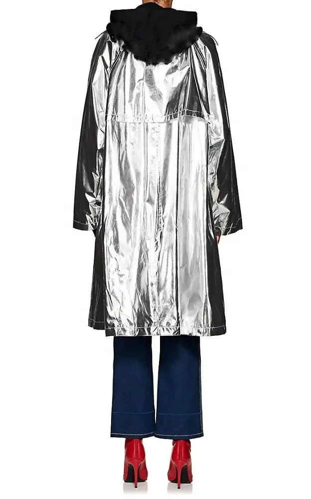 Ladies Jacket Oversized Metallic Trench Long Women Silver Coat