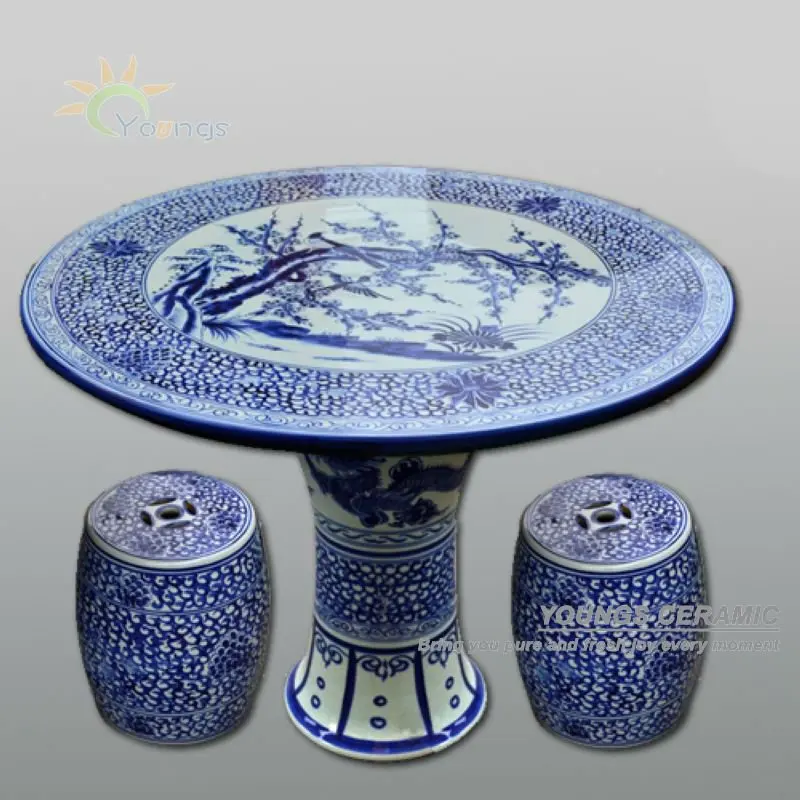 Chinese antique blue and white ceramic porcelain garden table and stool