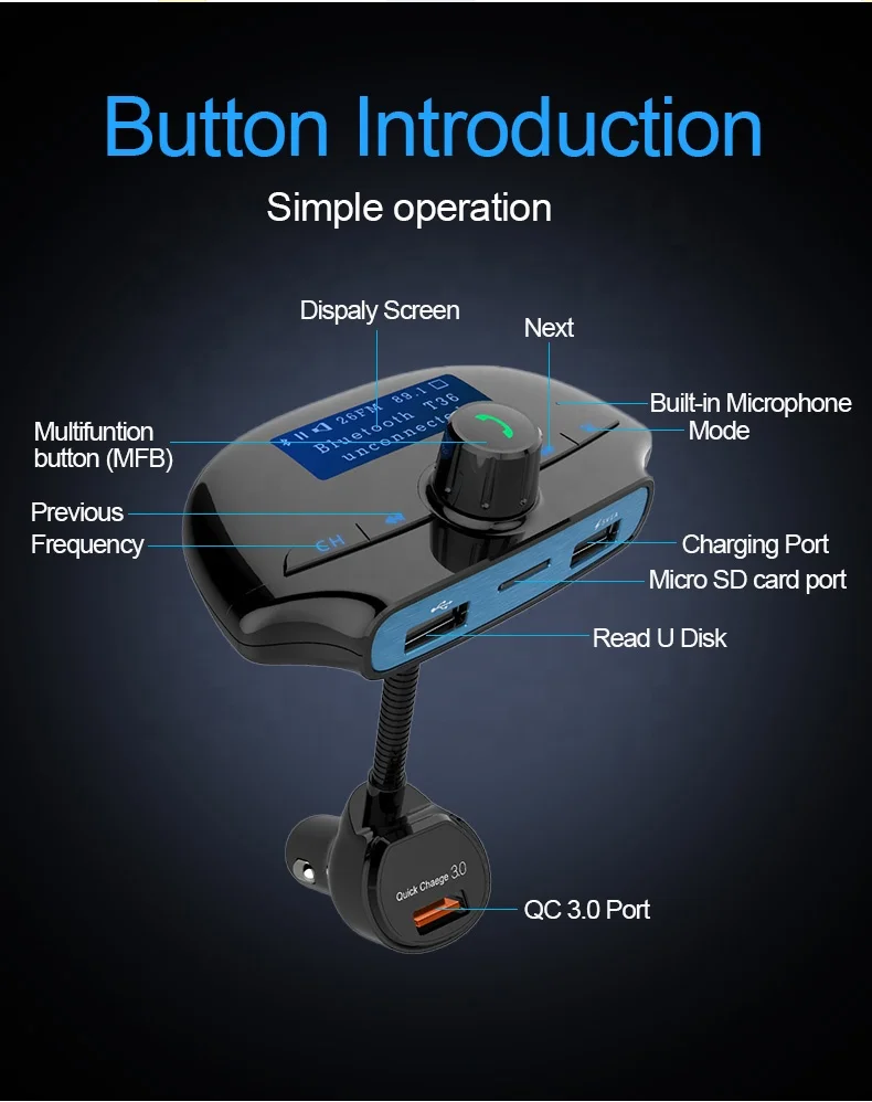 AGETUNR T36 2023 New BT V5.0 USB ports HandsFree Calling Car Kit U disk/SD Card 18W QC3.0 FAST charger FM Transmitter MP3 Player