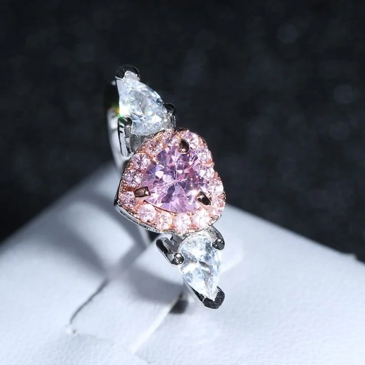 AC022612 AngryCat Women Princess Propose Marriage Pink Heart Cubic Zirconia Romantic Bridal Wedding 925 Silver Ring