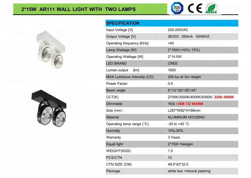 
LED AR111 GU10 Dimmable adjustable Wall light 