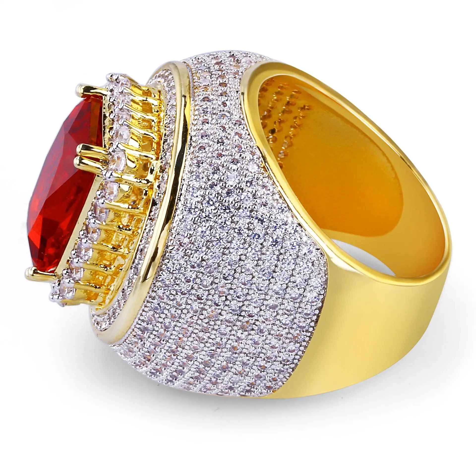 Luxury High-end High Quality 18k Solid Gold Plated Micro Pave AAA CZ Stone  Bling Bling Saudi Arabia Ruby Ring Hiphop Jewelry