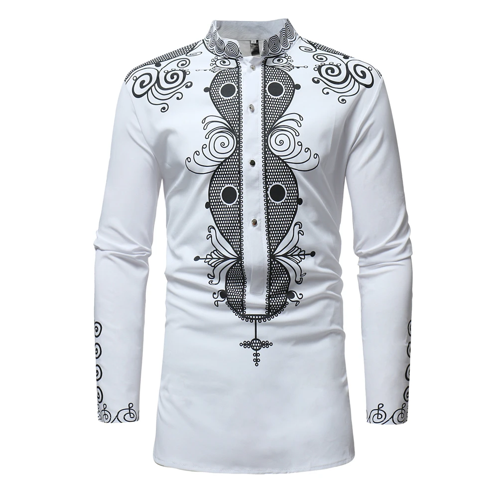 A4166 Fashion White Cotton Polyester Printing Slim Fit Men big tall bazin Shirt