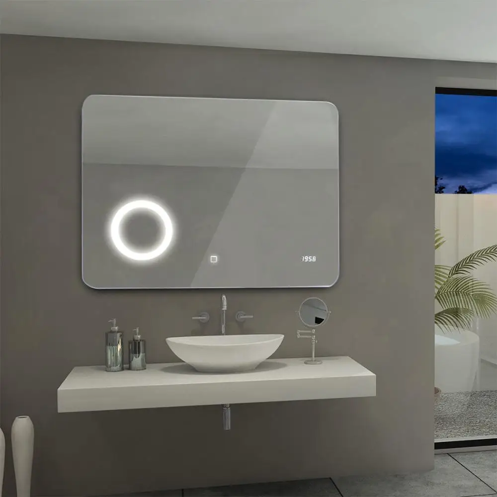 New Rectangle Light Touch Button Wall-Mounted Makeup Led Bathroom Mirror With Digital Clock
