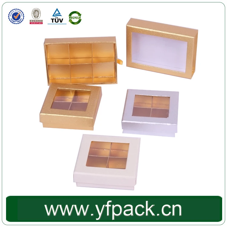 Lid And Base With Clear PVC Window Golden Metallic Compartment Inlay Tray Macaron/Chocolate Packaging Gift Box