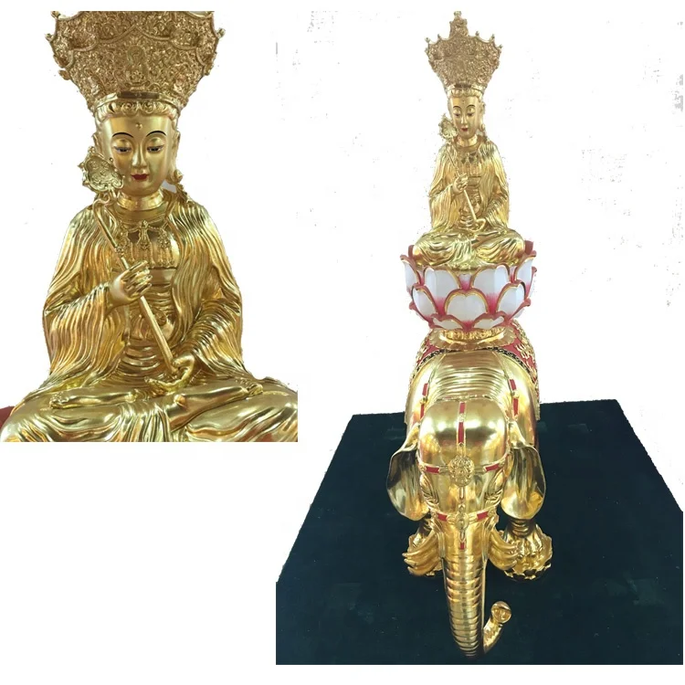 China casting bronze sitting elephant buddha statue Buddhism Art Collectible Pu Xian gold plated buddha statue