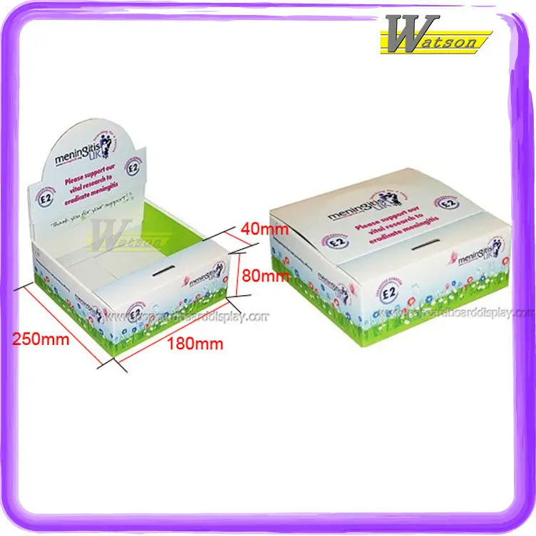 Charity Items Cardboard counter display box with a coin storage cabinet