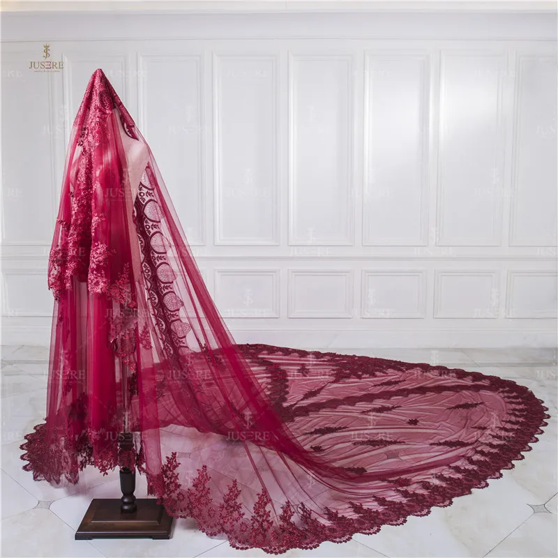 Red Long Cathedral Bridal Wedding Veil With Lace Pattern on Center and Hemline Red Veil Costume