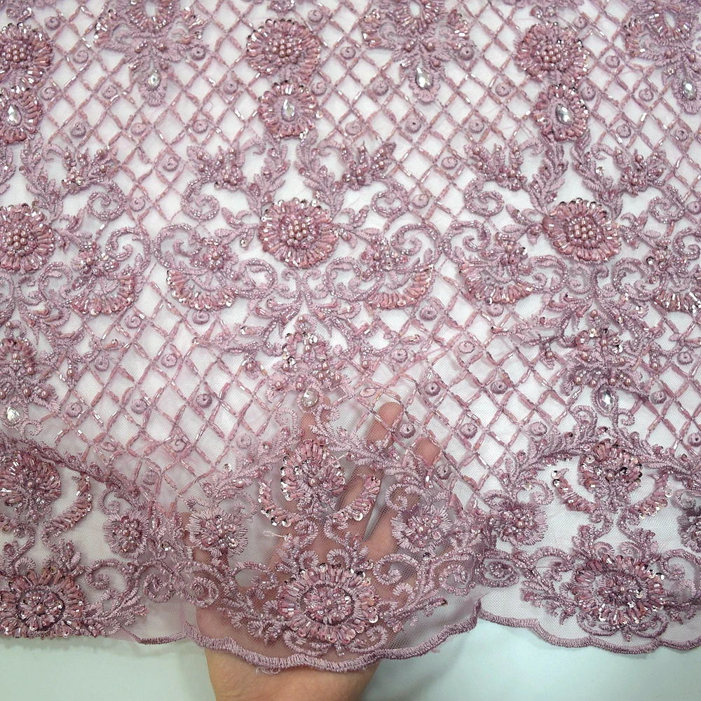 new product onion african lace fabrics crystal beaded fabric tulle lace fabrics for party HY0937-8