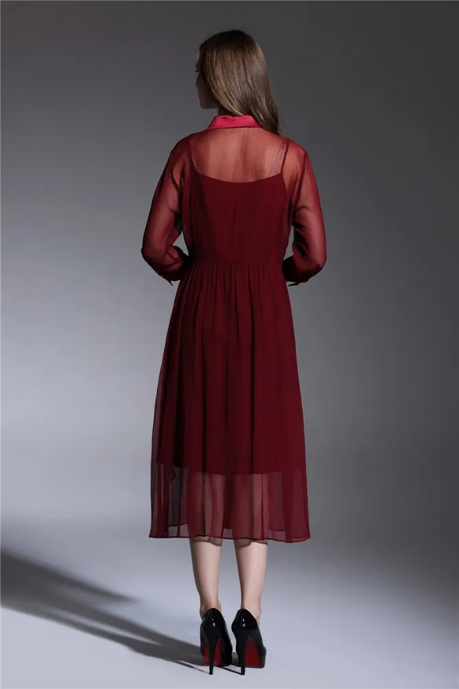 women plus size plain color silk chiffon long 3/4 length sleeves shift dress with knitted slip dress inner