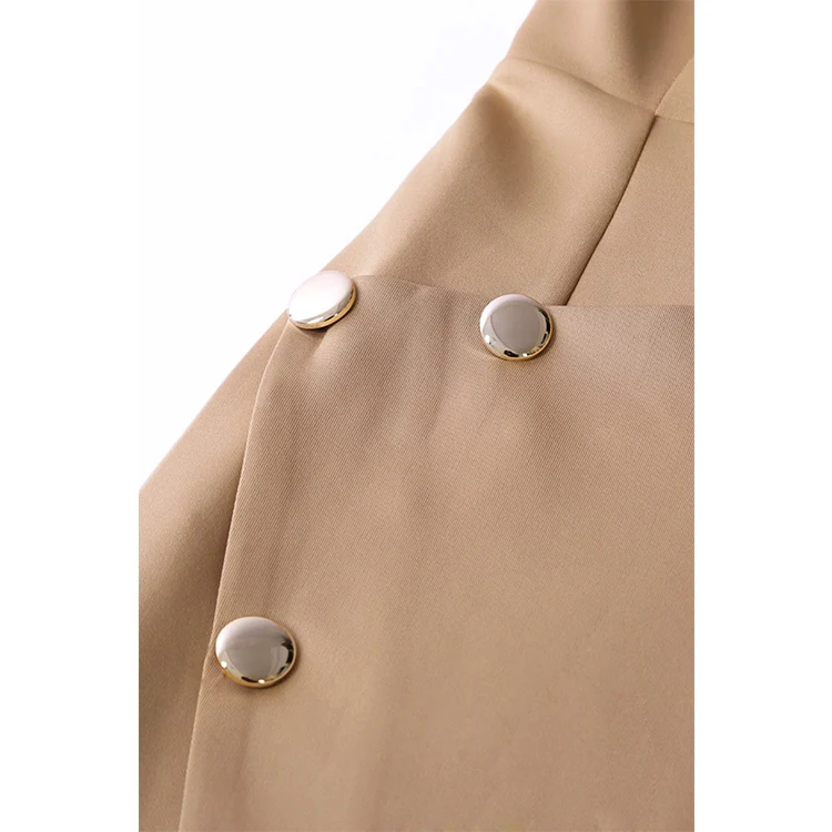 
Khaki Button Detail Elegant Women Formal Dresses Ruched Asymmetric Midi Dress For Office Ladies 