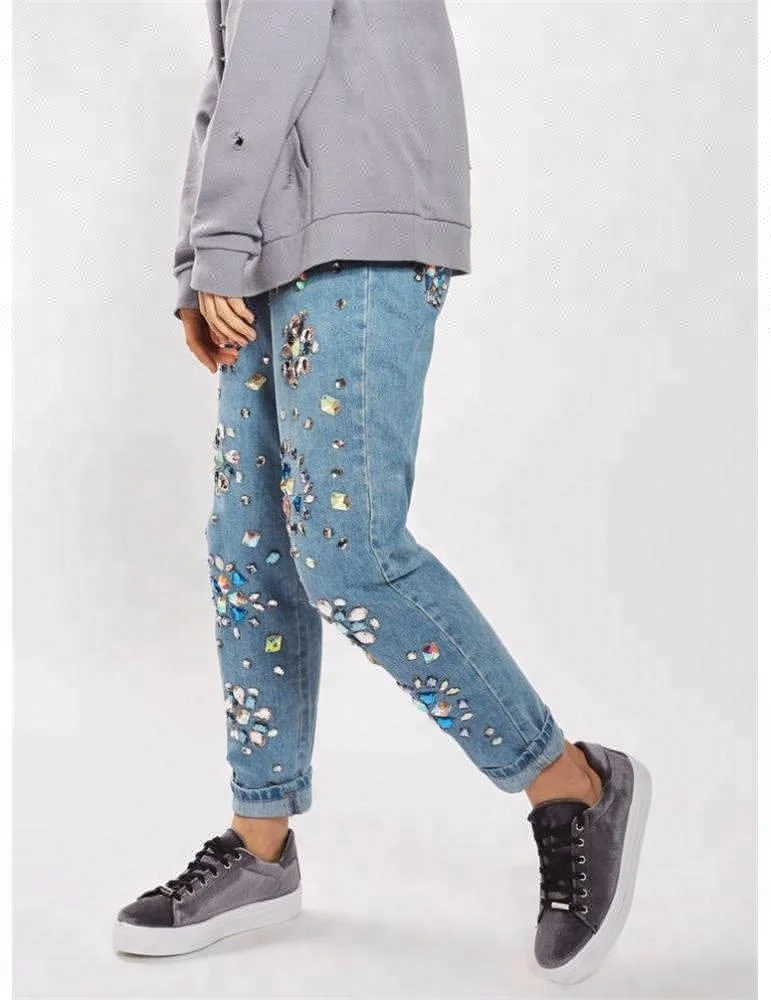 Royal wolf denim jeans manufacturer rock star floral gemstone embellished jeans high waist mom rhinestone jeans