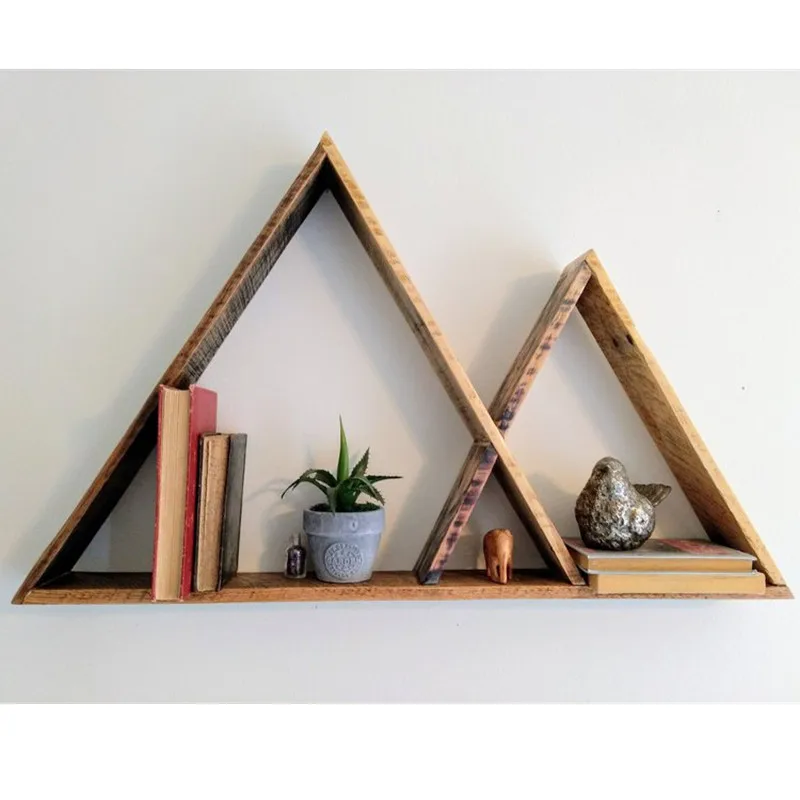 Boho Wall Hanging Mountain Shelf Home Decor Made of  Reclaimed Wood, Wooden Triangle Shelf Set of Two