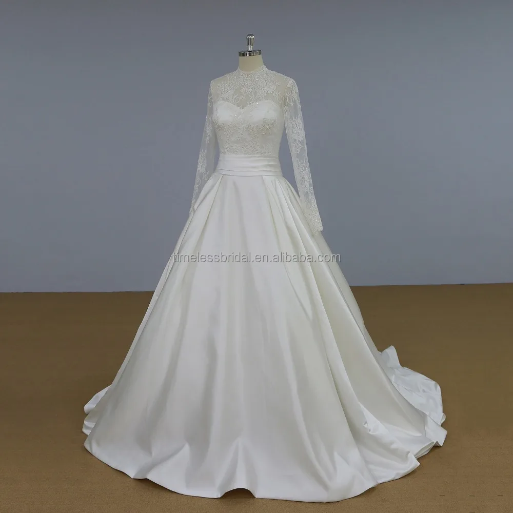 Newest design 2018 wedding dress beaded lace corset long sleeves high neck bridal gown