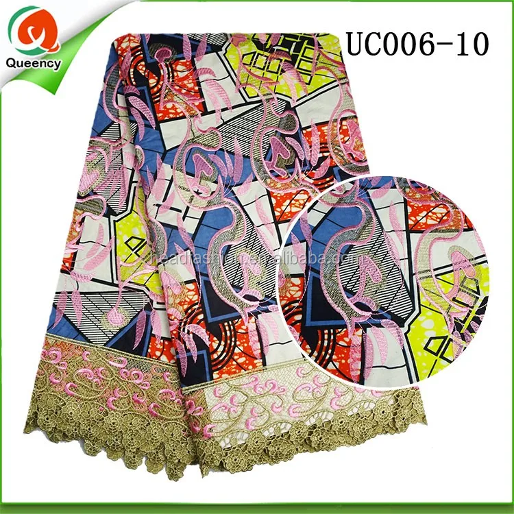 Queency 100% Cotton African Wax Print Fabric With embroidered fabrics guipure lace in blue