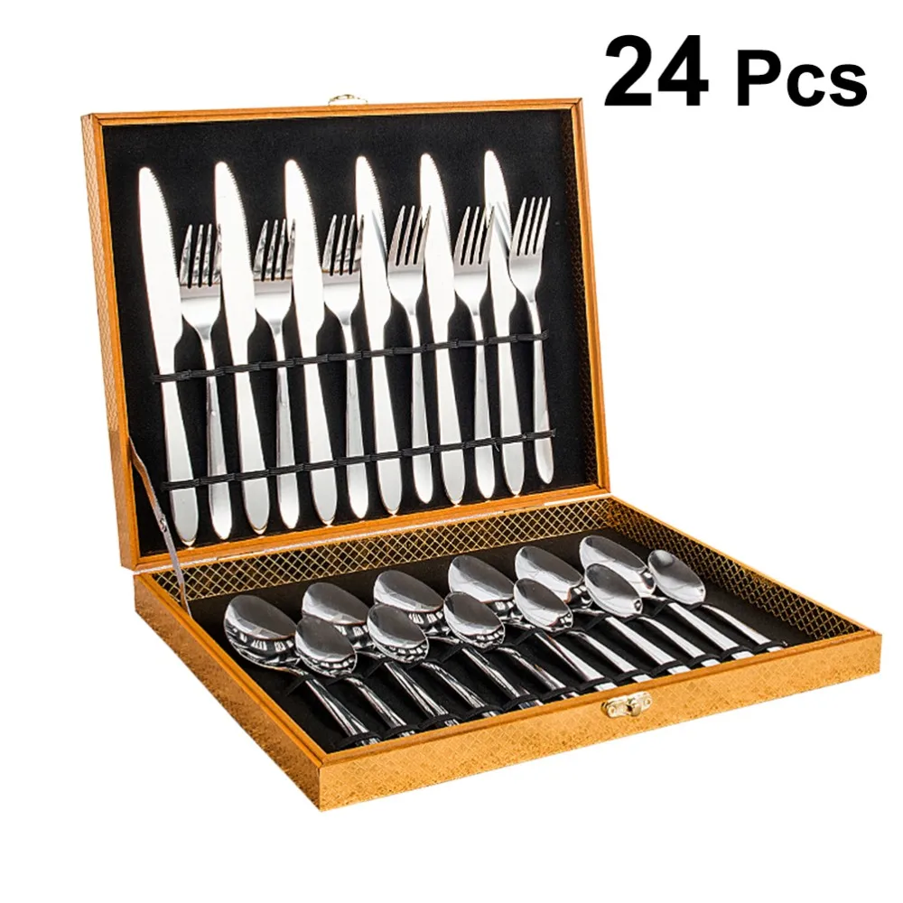 Stainless steel inox tableware 16pcs copper plated cutlery, 24pcs fork and spoon flatware silverware set with wood case