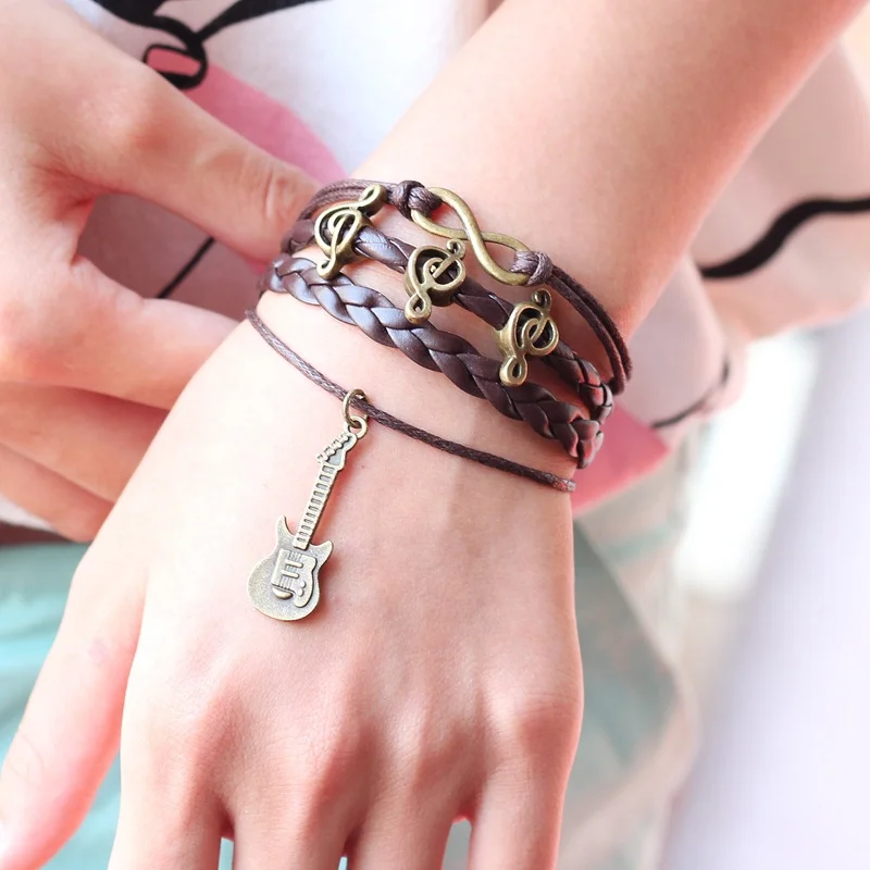 Musical Note Symbol Guitar Charms Leather Ropes Braided Multilayers Bracelets for men women