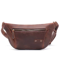 Men first layer cowhide waist bag waterproof crazy horse leather chest bag