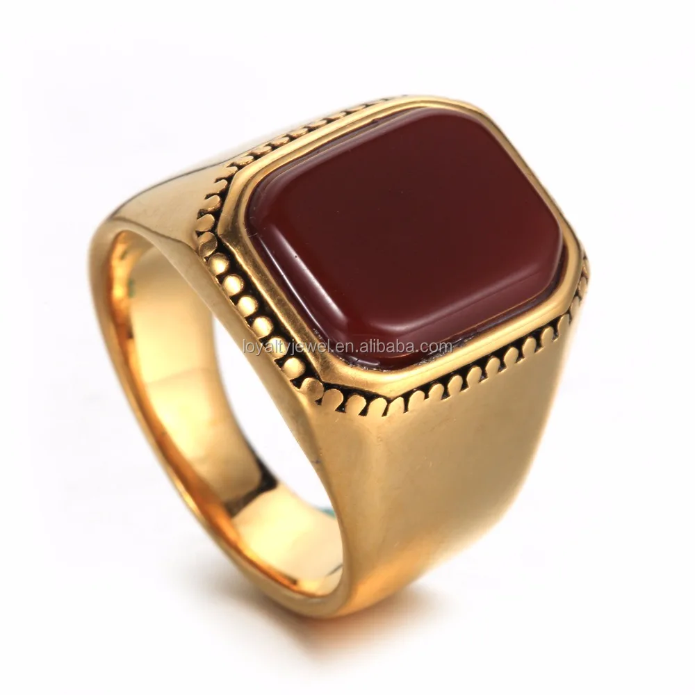 NEW Retro Men gold plated square green and red stone ring