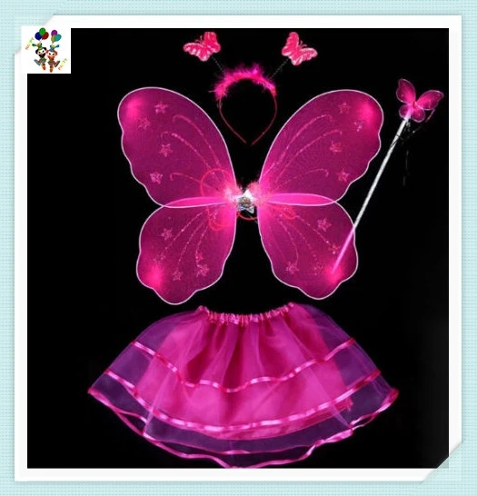 Hot Pink Color Kids Girls Princess Costume Butterfly Wings with Wand Headband Skirt HPC-0897