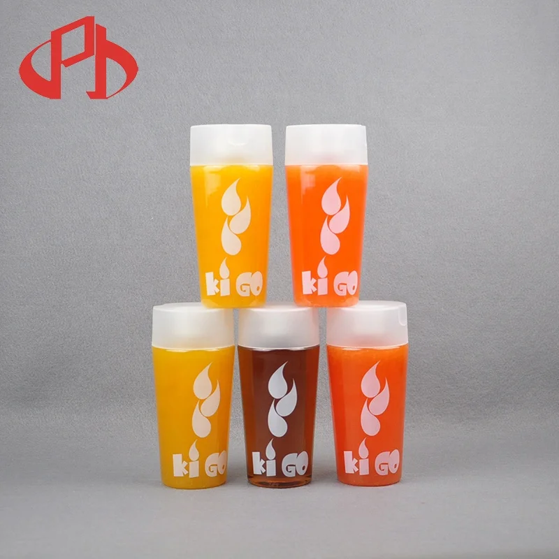 Empty plastic biodegradable drink juice bottle 350ml PET plastic beverage drinking water bottles with rope gift cups