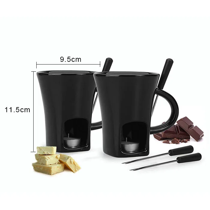 Элегантная черная керамическая кружка для подогрева сыра и шоколада, кружка для фондю с вилками