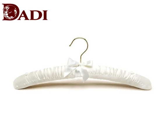 Colorful solid wood flocked Lingerie display satin clothes hanger with lovely bow tie flexible clothes hanger