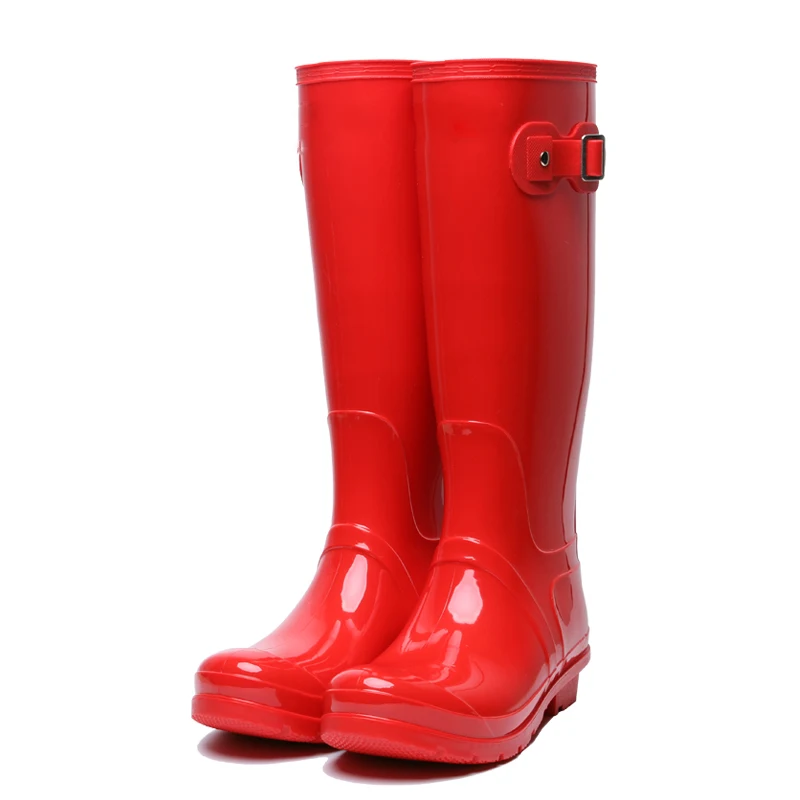 New Design Hot Selling Sex Red Fashionable Knee High Waterproof  Ecofriendly PVC Rain Boots Wellingtons Boots Women