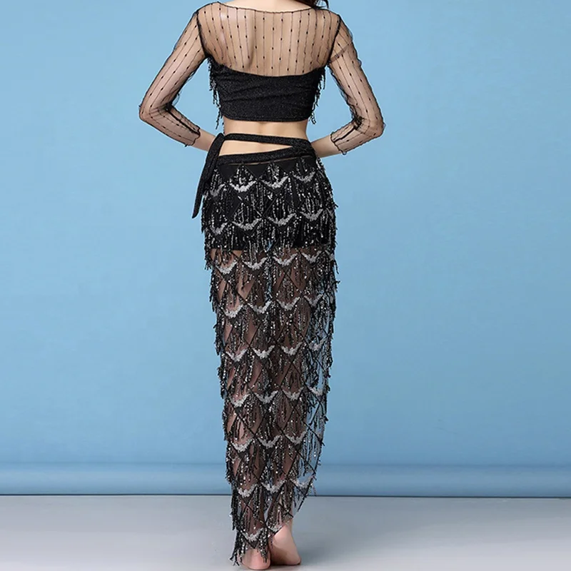 Bestdance Sequin Tassel Hip Scarf Skirt Belly Dance Costumes Triangle Fringe Shawl Skirts