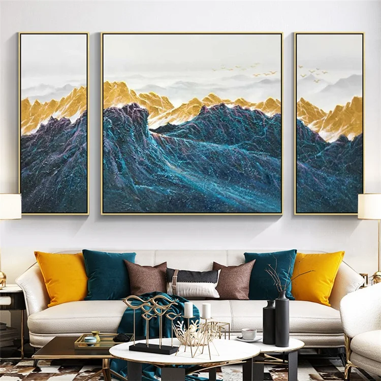 3 pieces Wall Art mountains Peaks Modern landscape birds Gold Art abstract Painting on canvas Blue Original Pictures