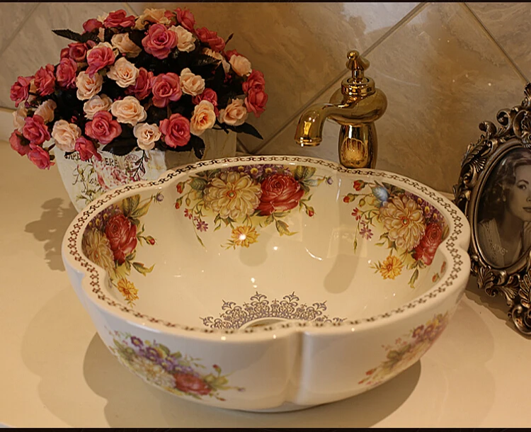 Rose Flower Ceramic Counter Top Wash Basin Bathroom Sinks