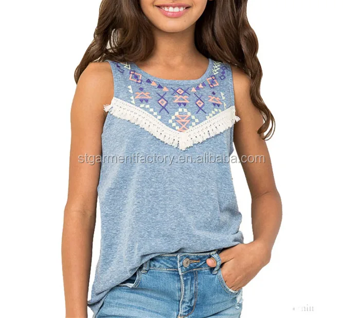 
Girls Embroidery Top Sleeveless Girls Tees Blouse Tassel Bohemian Style Clothing for Children Teenagers Girl Tee Shirt Stb-0944Y 