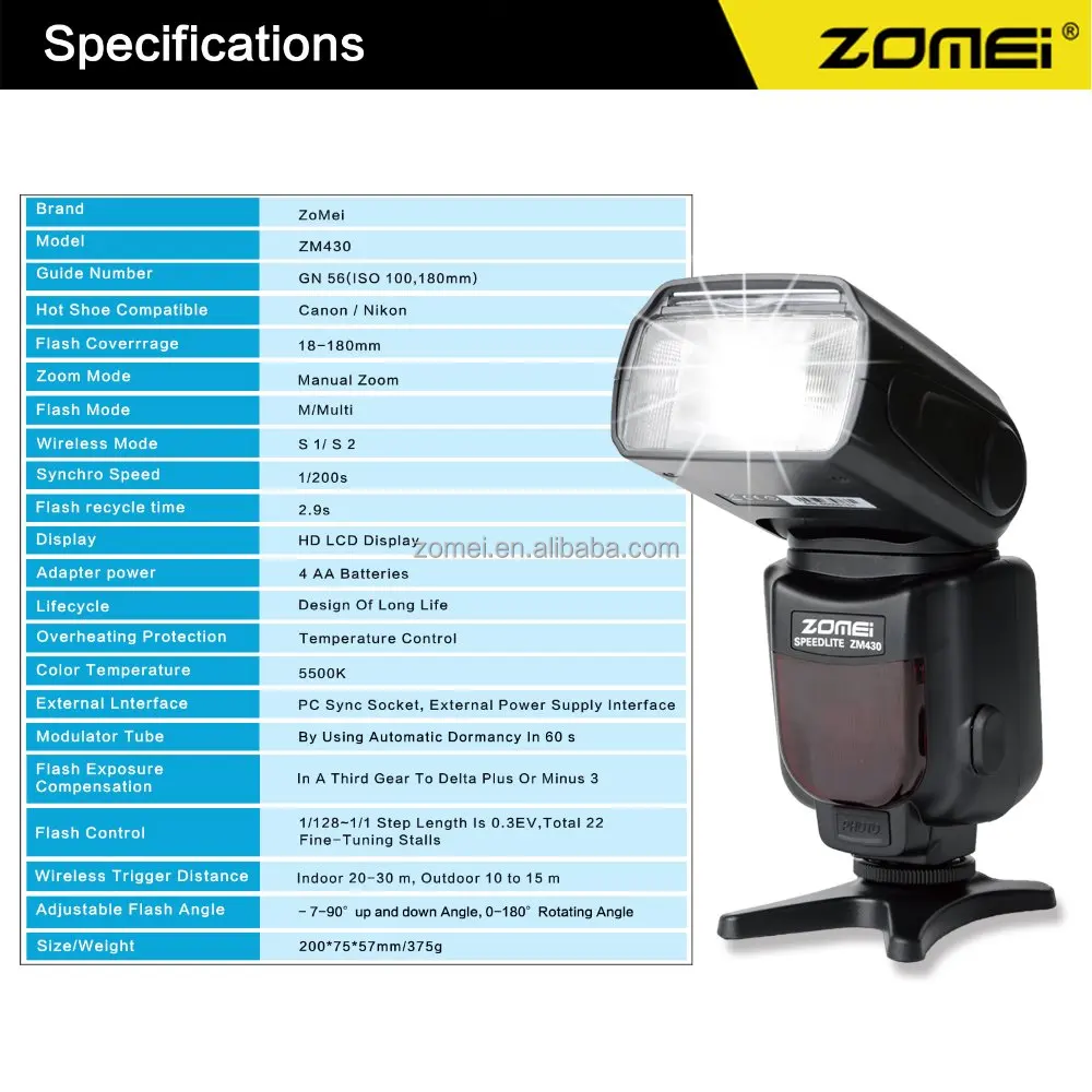 
Zomei ZM430 Professional Manual Speedlite Flashlight with LCD Display Hard Flash Diffuser GN56 