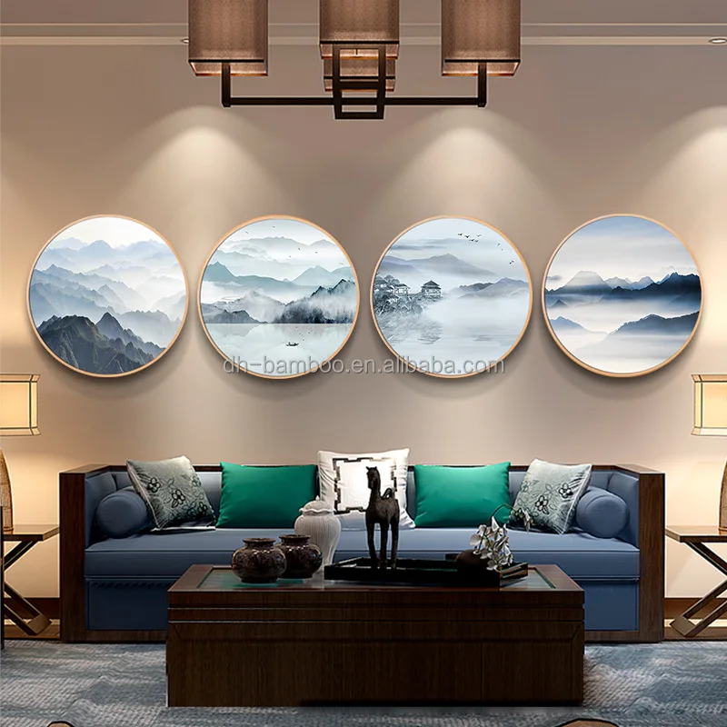 
Natural Wooden Rounded Photo Frame with Canvas Painting for the Dining Room Living Room Bedroom Study Hotel Office 