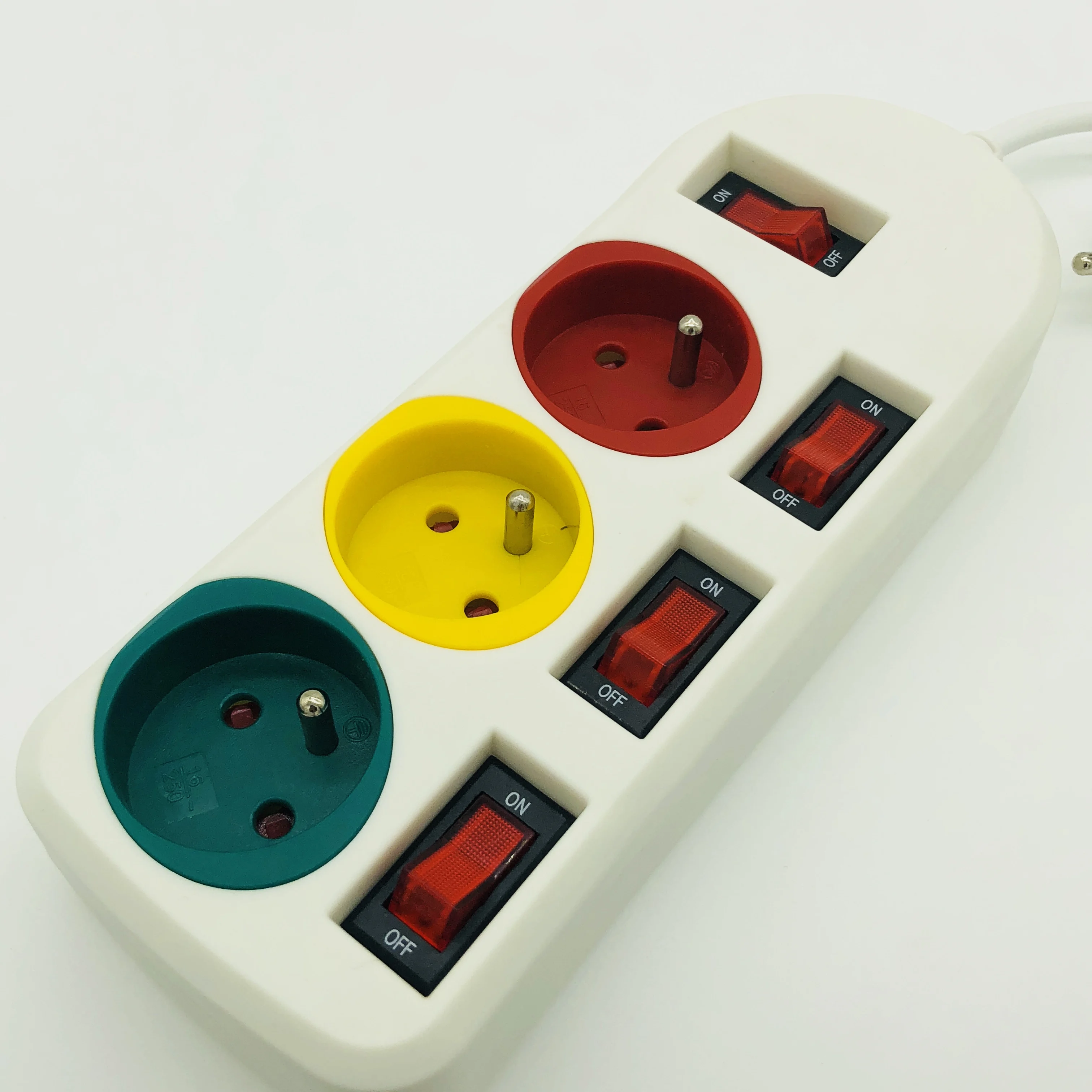 French Type 3 Outlets  Pop Colorful Power Strip  Extension Plug Socket with Individual Switches with CE