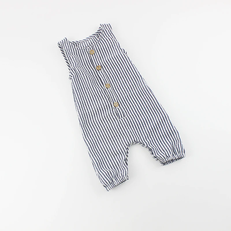 
baby jumpsuit seersucker cotton sleeveless striped toddler boys overalls summer rompers 
