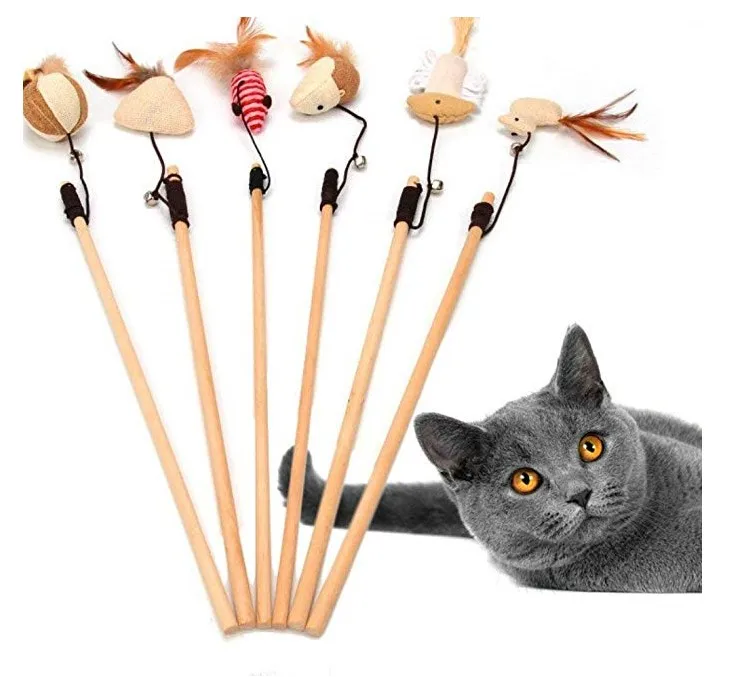
The Natura wood handle Mouse, Ball, Chicken, Squid, Fish shape Cat teaser stick Toy with Wand and Linen 