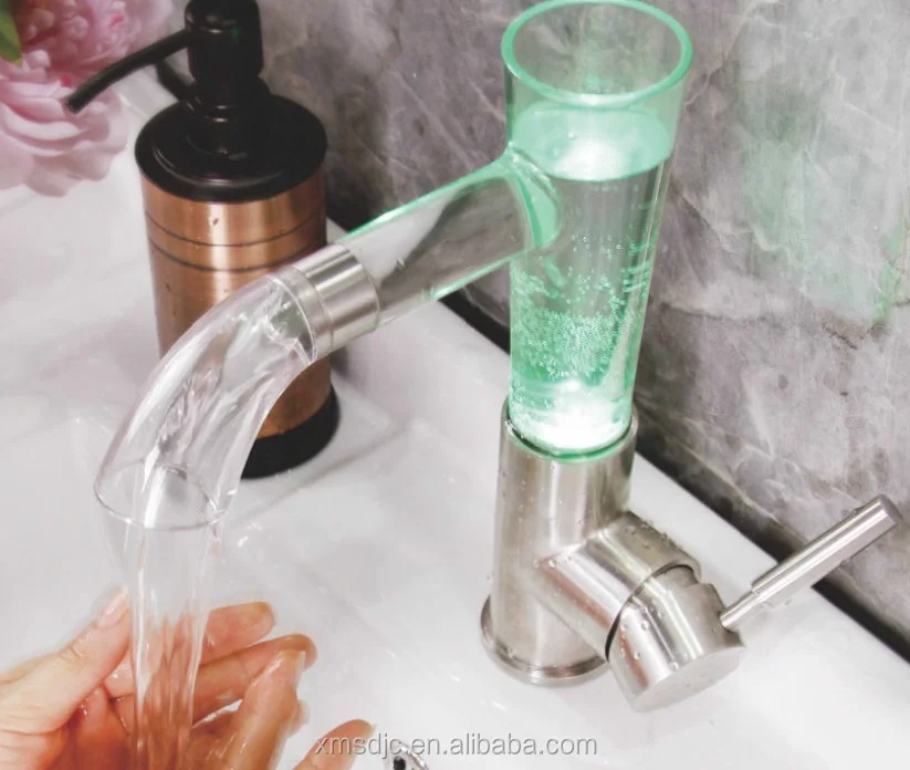 
Satin Finish Nice Design SS304 Steel Glass LED Color Changing Basin Faucet for Wash Basin 