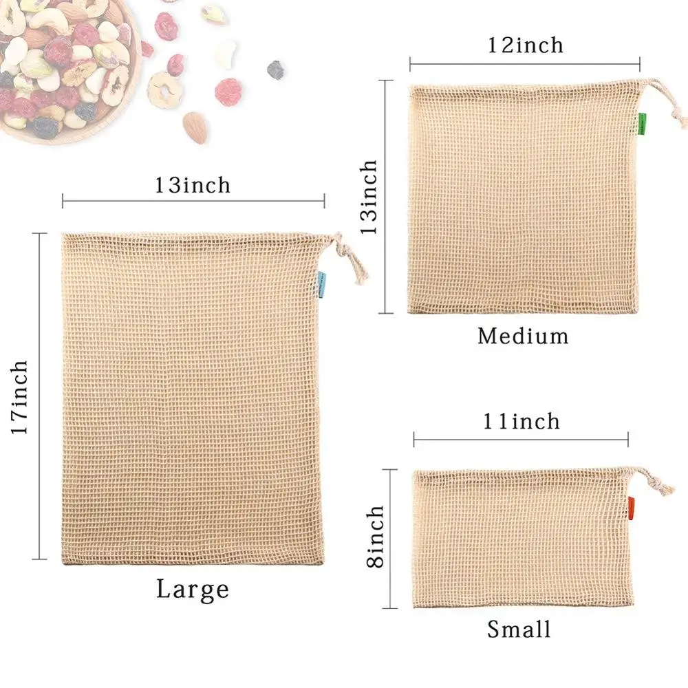 
Food Grade washable and reusable Cotton Mesh Produce Bag set for vegetable and fruit drawstring grocery shopping bags 