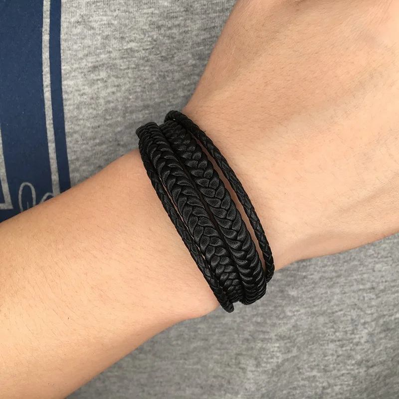 Fashionable Jewelry Multi Layer Leather Braided Bracelet Stainless Steel Black Magnet With Genuine Leather Bracelet Men