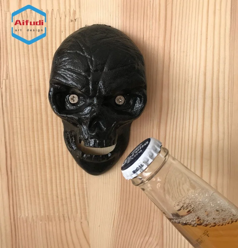 
customized antique metal skeleton face wall mounted bottle opener 