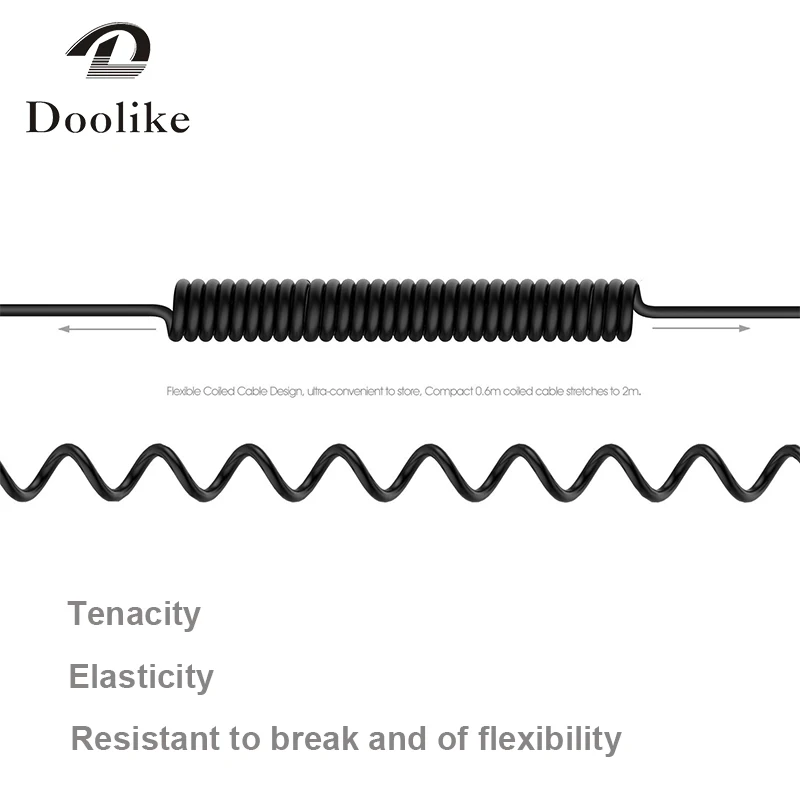 Doolike audio cable cord flat 90 Degree Right Angle Steel Spring 3.5mm aux cable for Headphone mobile phone