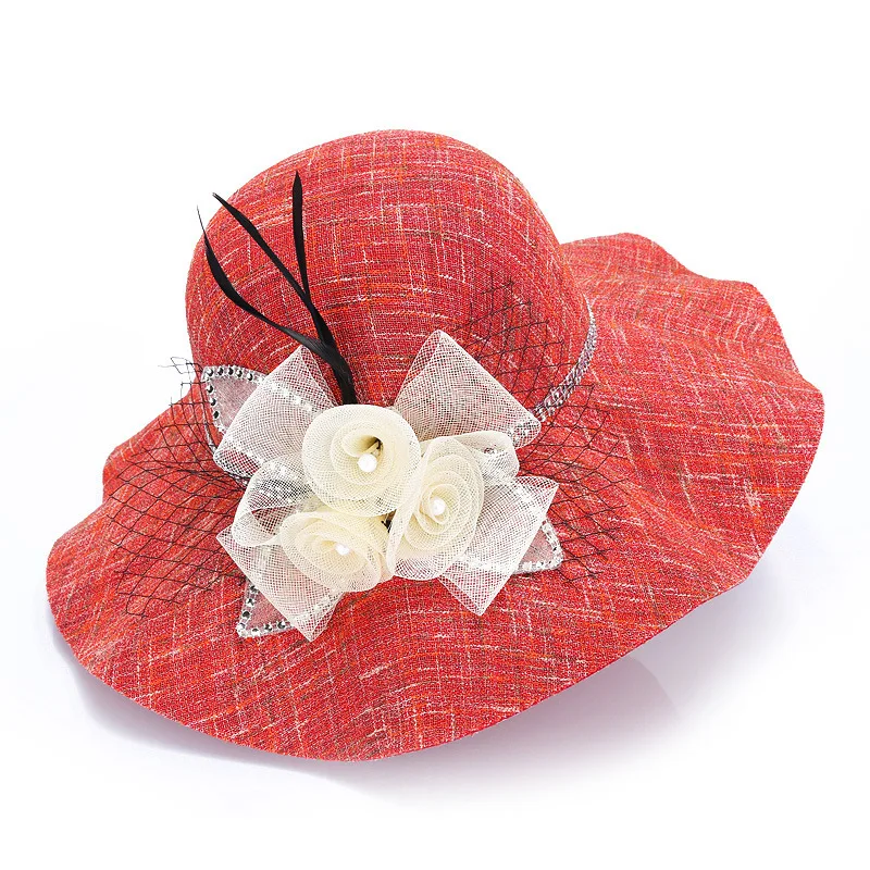 Китайский производитель новый стиль летний солнцезащитный козырек sinamay элегантная женская церковная шляпа с широкими полями и цветком