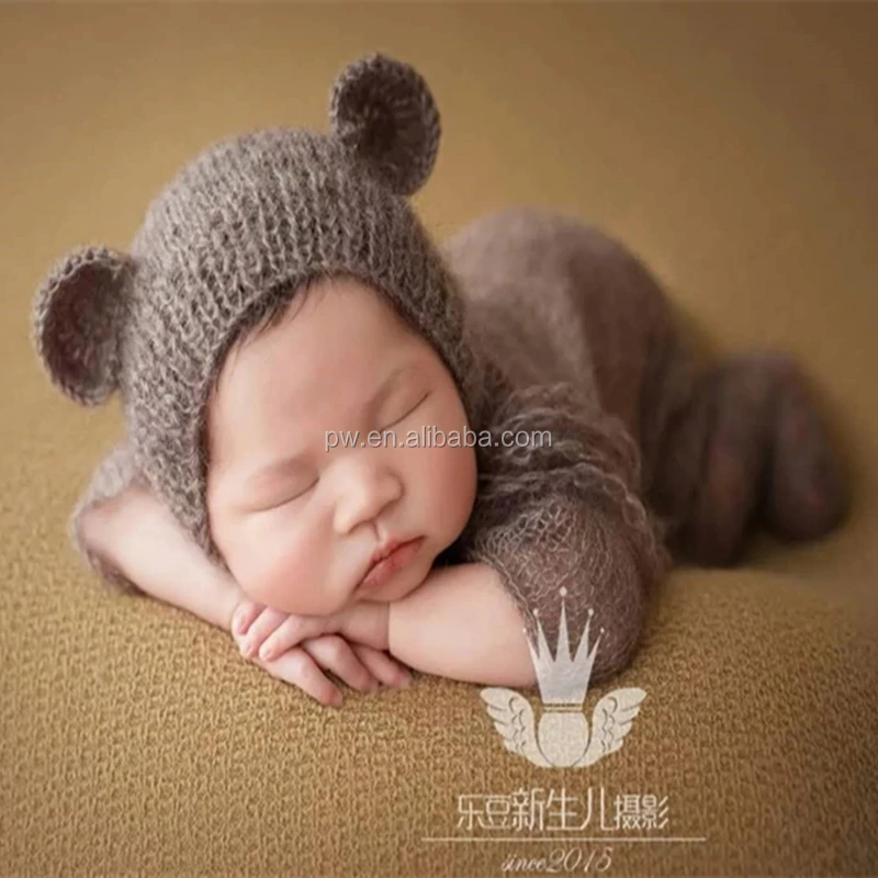Knit mohair footed sets Newborn bonnet photography props Newborn mohair romper Crochet baby hat and hooded romper