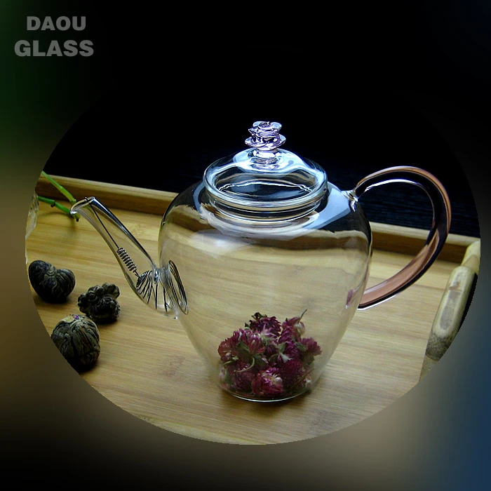 
novelty heat resistant pyrex glass tea sets with teapot,Blooming flower tea special teapot, Pink handle and rose lid 