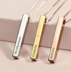 Fashion 925 Sterling Silver Gold Plated Custom Vertical Bar Necklaces with Pendant