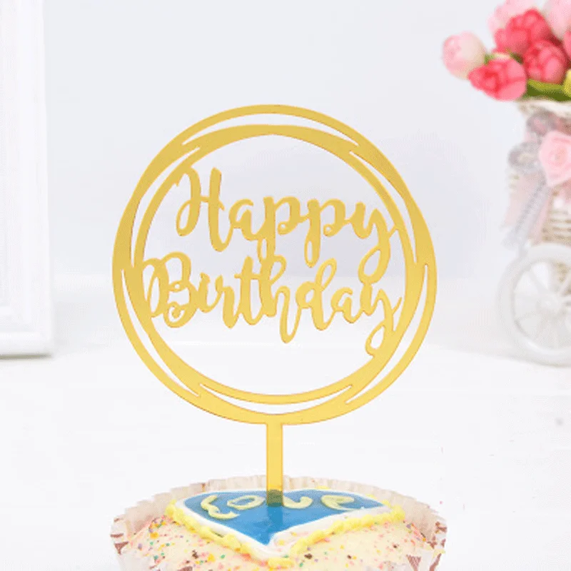 New Creative Birthday Cake Decoration Coloful Gold Acrylic Round & Rectangle Cake Topper Party Craft Decoration Supplies
