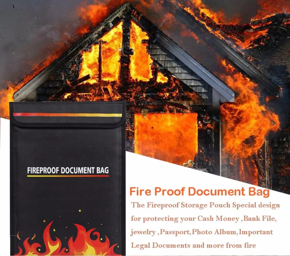 Fireproof Document Bag Non-itchy Coated Fire Resistant Money Bag for Cash Valuables