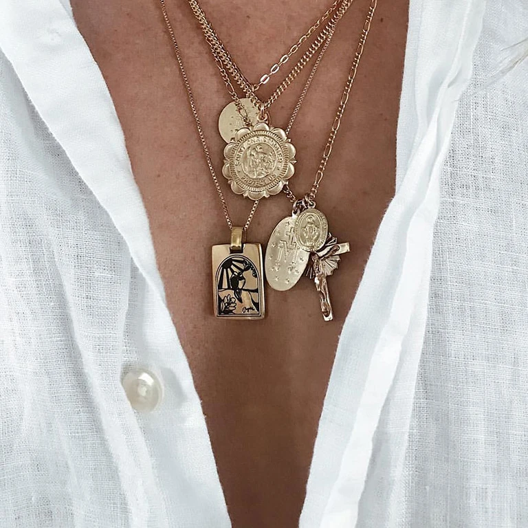 Gemnel религиозная римская портретная защита медальон св. Кристофер монета Длинная цепочка ожерелье Настоящее золото