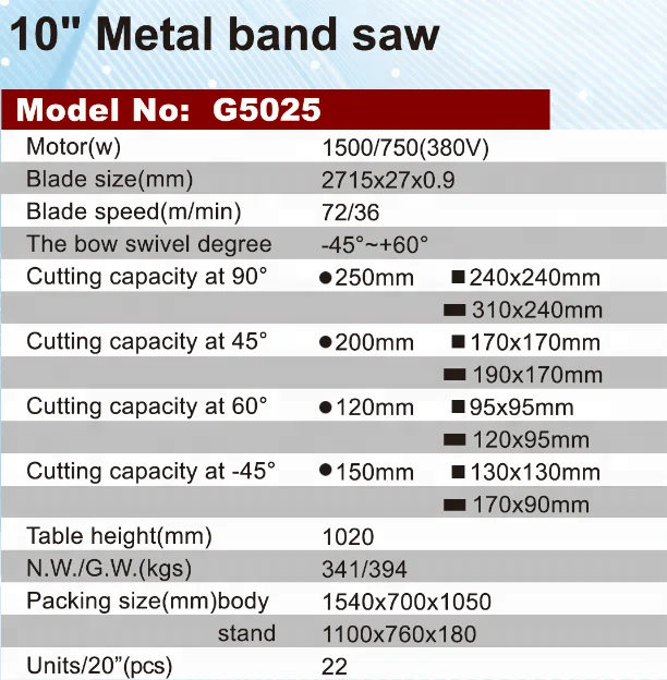 10' Portable mini metal cutting band saw machine price G5025